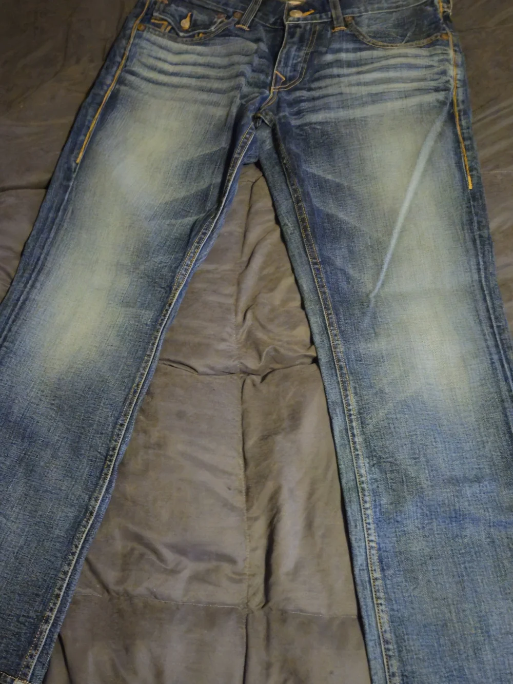 True Religion Mens Straight Leg Jeans in Blue with Yellow Stitching